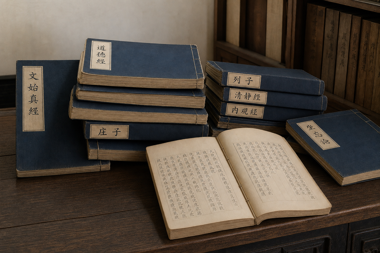 道家经藏群书意象，前列文始真经、道德经、庄子、列子、清静经、内观经与坐忘论