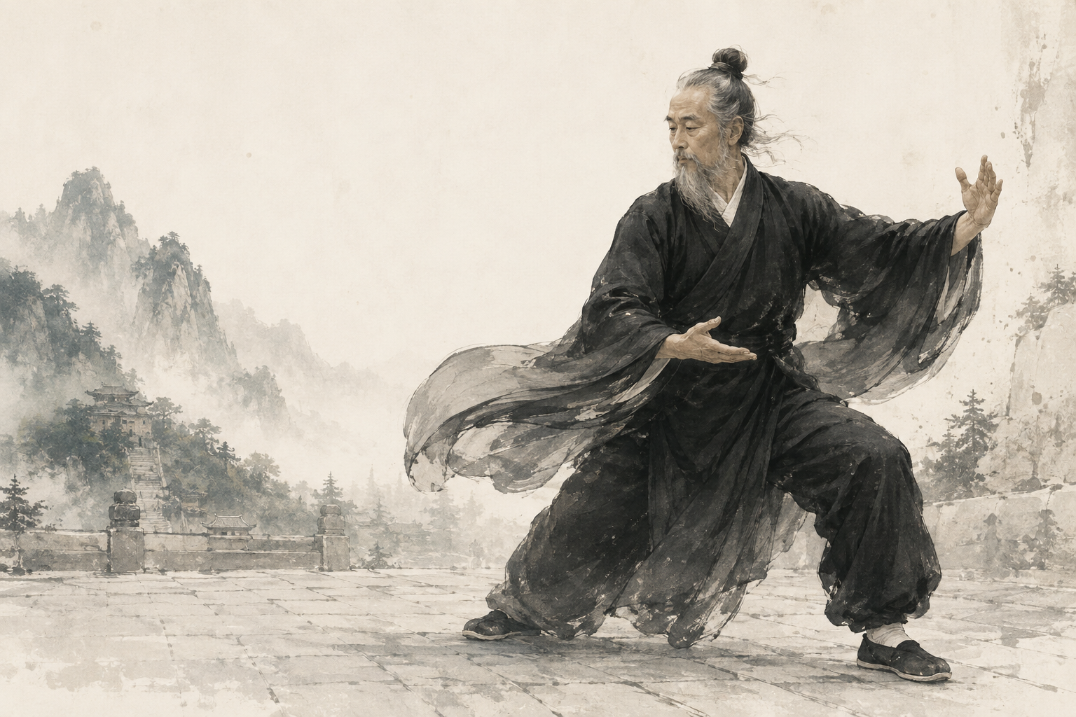 张三丰太极艺术意象：墨衣道人在山庭间舒展拳势